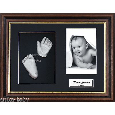 New Unisex Baby Casting Kit Gift Silver Hand & Feet Mahogany/Gold Trim 3D Frame