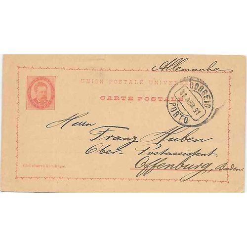Portugal Postal Card 1891 Porto to Offenburg Germany