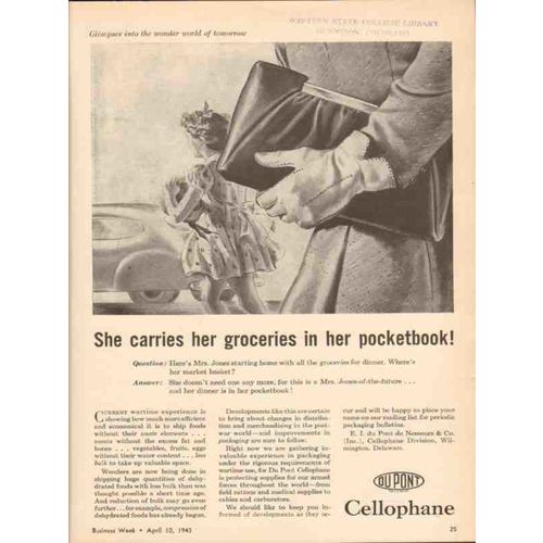 DU PONT 1943 she carries groceries in pocketbook dehydrated vintage ad