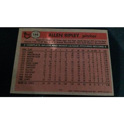 1981 Topps Card # 144 Allen Ripley Very Good-Excellent (4) San Francisco Giants