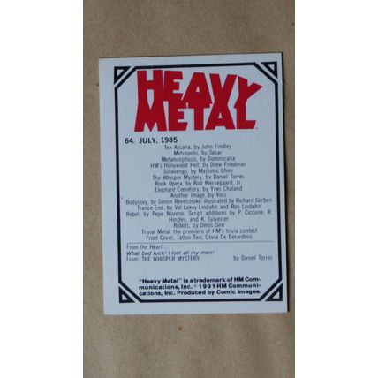 Heavy Metal Base trading Card # 64 (A) 1991 Cover Magazine Olivia de Beardinis