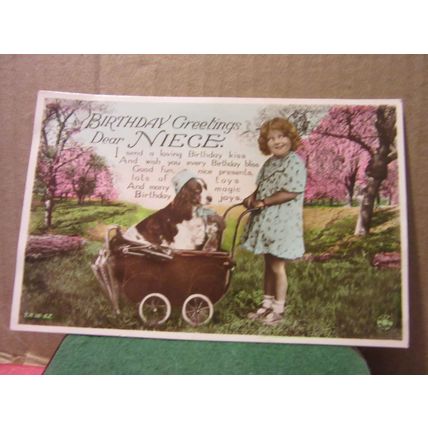 BIRTHDAY GREETINGS, NIECE .. used postcard RP dated 1940 doll's pram dog =