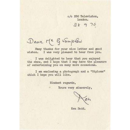 Ken Dodd Diploma Vintage 1970s Letter & Diddymen Signed Photo