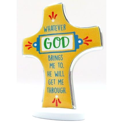 Whatever God Brings Me To....Cross Metal Freestanding Yellow 8 CM Christ Love