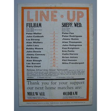 FULHAM v SHEFFIELD WEDNESDAY Div2 25/02/1975
