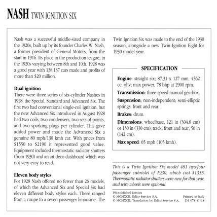 Collectors Club card. Classic Cars. Nash Twin Ignition Six
