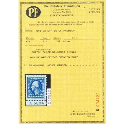 378, Mint XF NH 5¢ JUMBO With PL# - PFC Certificate - Stuart Katz