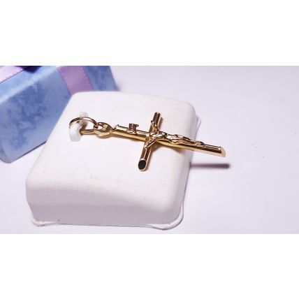 Estate 1 1/2" tall Italian 14Kt Y/Gold Polished detailed Crucifix Pendant #22456