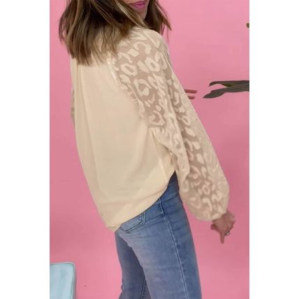 Leopard Mesh Bubble Sleeve Split Neck Blouse