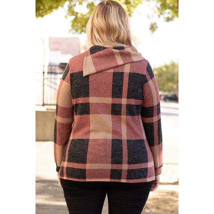 Mineral Red Plus Size Plaid Print Button Decor Asymmetric Neck Top