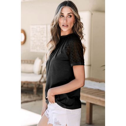 Black Seamed Detail Contrast Lace Raglan Sleeve Tee