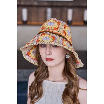 Beige Boho Flower Crochet Wide Brim Buckle Hat
