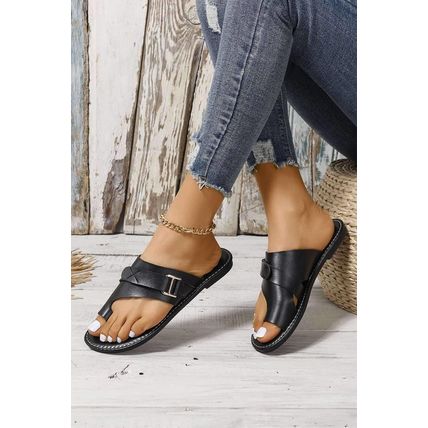 Black Toe Ring Flat Sandal Slippers