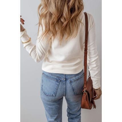 White Solid Color Waffle Half Button Long Sleeve Top