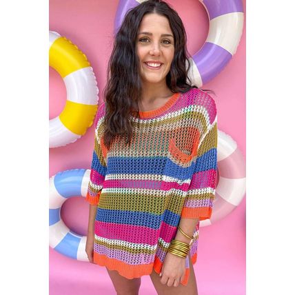 Orange Stripe Colorblock Hollowed Crochet 3/4 Sleeve Sweater