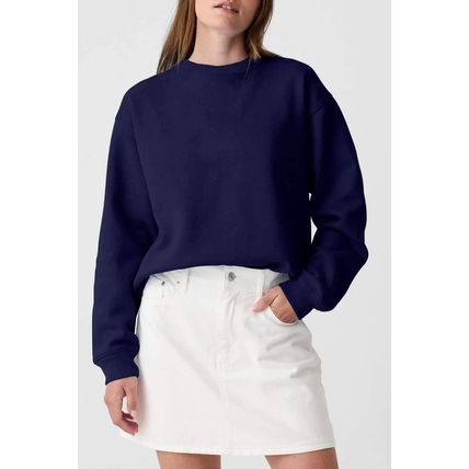 Navy Blue Solid Fleece Lined Drop Shoulder Terry Sweatshirt