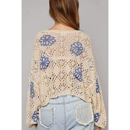 Beige Contrast Flower Print Eyelet Drop Shoulder Sweater
