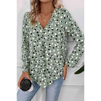 Green Polka Dot Print Button Front V Neck Blouse