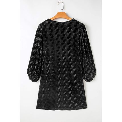 Black Textured V Neck Balloon Sleeve Velvet Mini Dress