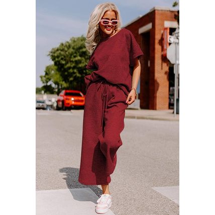 Red Dahlia Textured Loose Fit T Shirt and Drawstring Pants Set