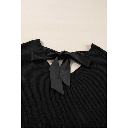 Black Lantern Sleeve V Neck Knot Back Sweater