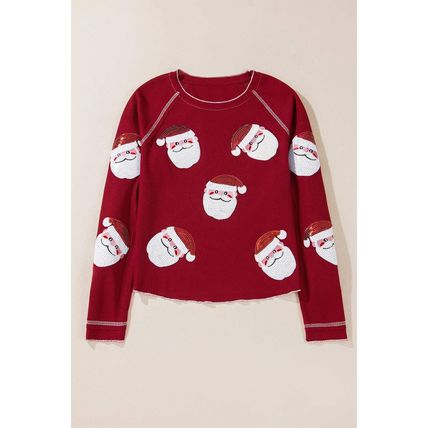 Red Sequin Santa Claus Graphic Textured Long Sleeve Top