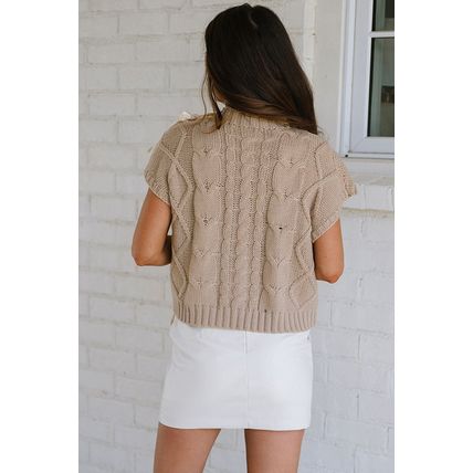 Simply Taupe Cable Knit Colorblock Satin Bowknot Short Sleeve Sweater