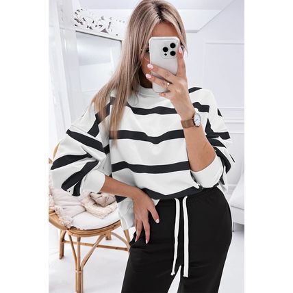 Black Stripe Drop Shoulder Pullover and Jogger Pants Set