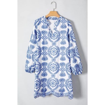 Blue Boho Floral Embroidered Notch V Neck Shift Mini Dress