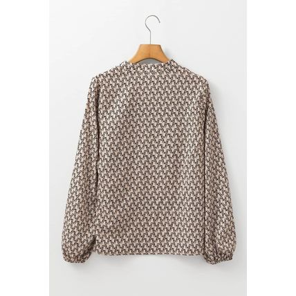 Khaki Geometric Print Notched Neck Puff Sleeve Blouse