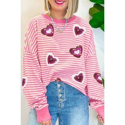 Pink Stripe Sequin Heart Patched Pattern Long Sleeve Valentines Top