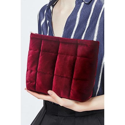 Burgundy Quilted Velour Zipper Cosmetic Organize Pouch