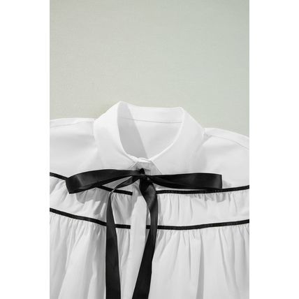 White Black Pipping Ribbon Bowtie Collared Ruffled Puff Sleeve Shirt