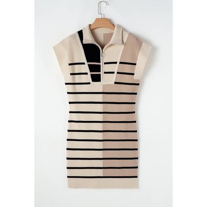 Khaki Stripe Color Block Quarter Zip Collar Short Sleeve Sweater Dress