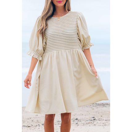 White Textured Ruffled Puff Sleeve Loose Dress
