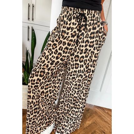 Parchment Leopard Drawstring Flowy Wide Leg Pants