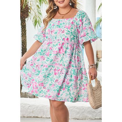 White Floral Print Ric-rac Trim Square Neck Plus Size Mini Dress
