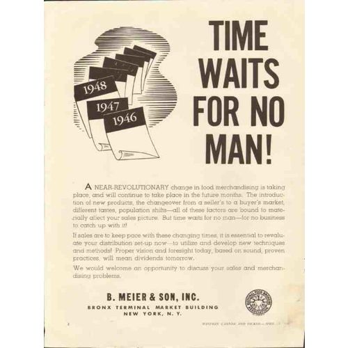 b meier son 1946 time waits for no man food merchandising vintage ad