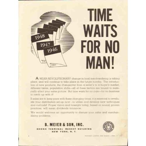 b meier son 1946 time waits for no man food merchandising vintage ad