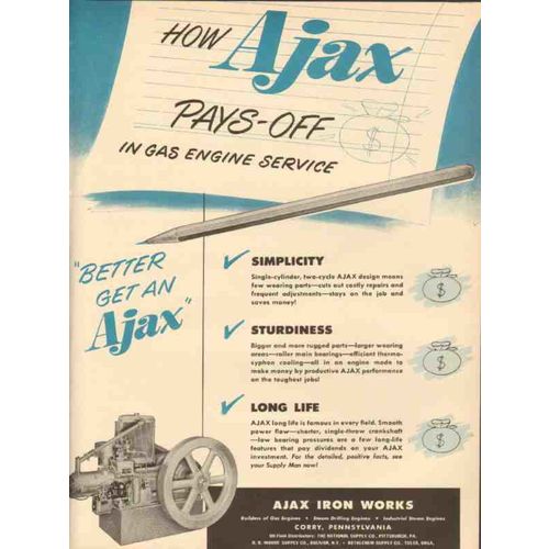 ajax iron works 1953 pays off gas engine service drilling vintage ad