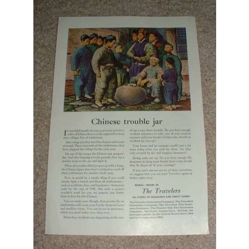 1948 Travelers Insurance Ad, Chinese Trouble Jar NICE!