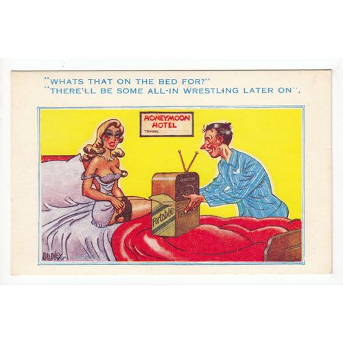 Honeymoon Hotel Wrestling on the Bed Comic Funny Postcard