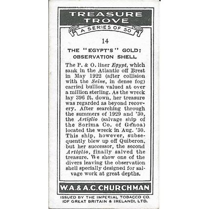 Treasure Trove 1937 Churchman's Cigarette Card 14 - The "Egypt's" Gold: Observat