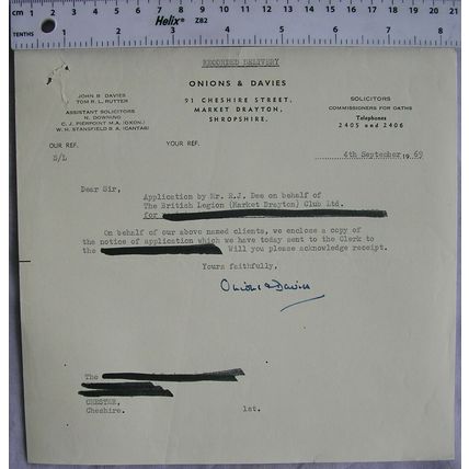 1969 letter Onions & Davies, Market Drayton re The British Legion