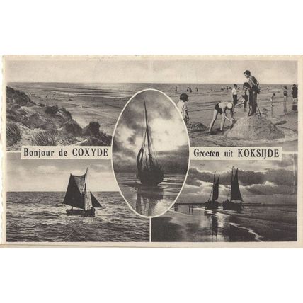 Coxyde Belgium Boys Standing On Sand Castle Boats At Dusk Postcard