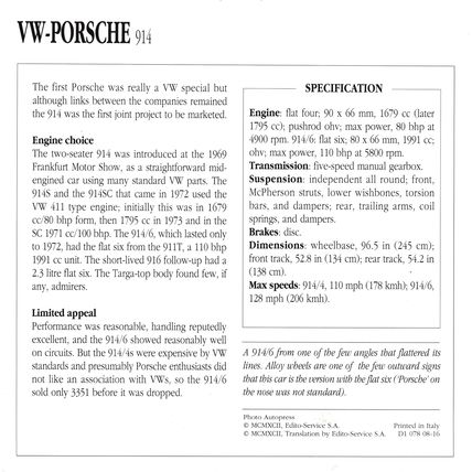 Collectors Club card. Classic Cars. VW-Porsche 914