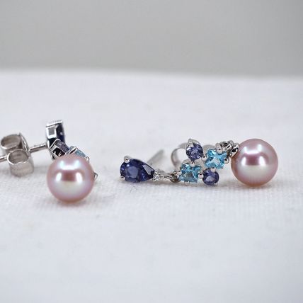 18K solid white gold drops Natural rose pearls Natural sapphires Hallmarked
