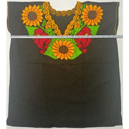 Sunflowers & Calla Lillies Embroidered Cotton Canvas Black Blouse Chiapas Mexico