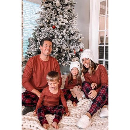 Solid Long Sleeve Top and Plaid Pants Loungewear