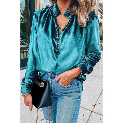 Green Frilled Neck Buttoned Front Velvet Top